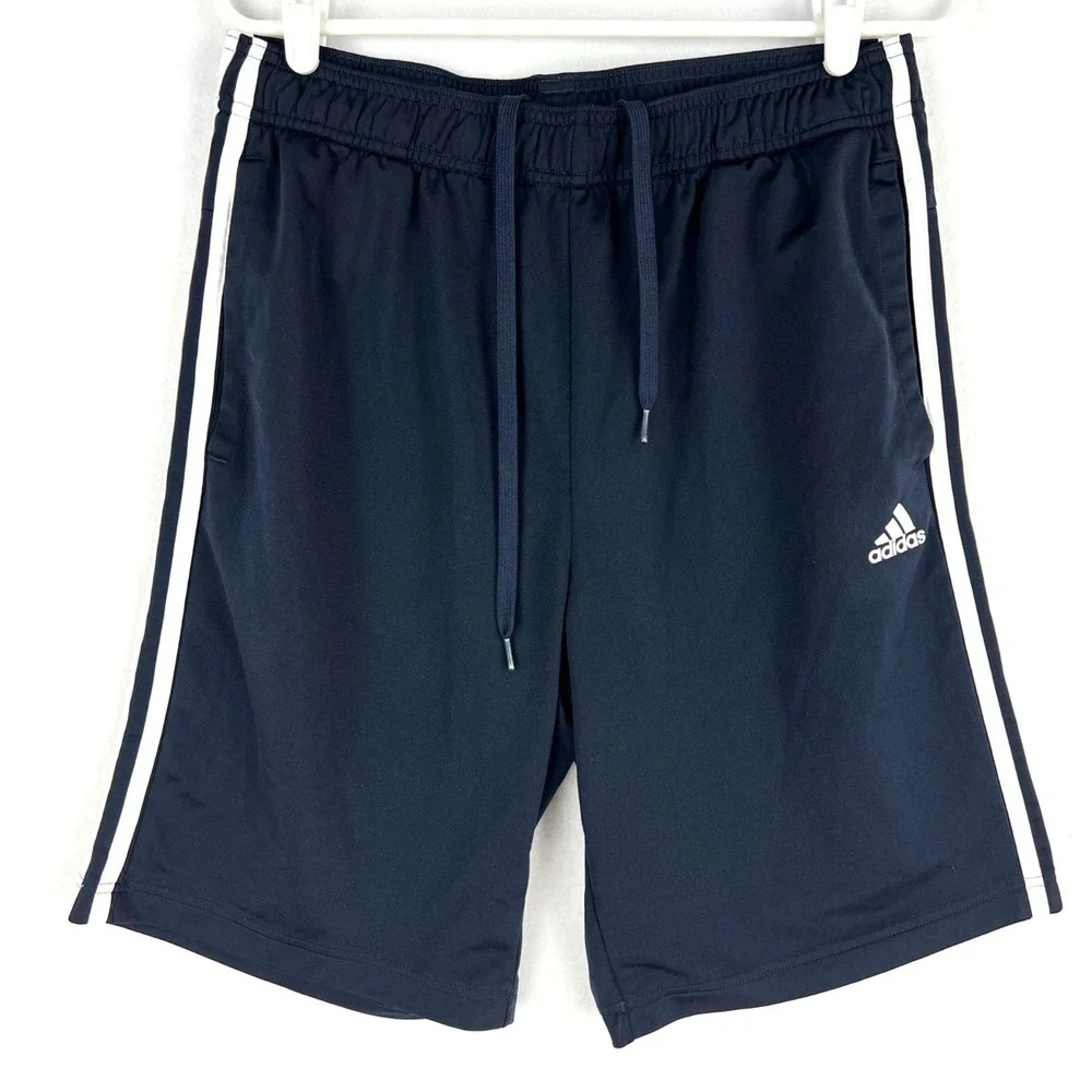 Adidas Youth Navy Blue Athletic Shorts Size‎ L Elastic Waist White Stripes Logo